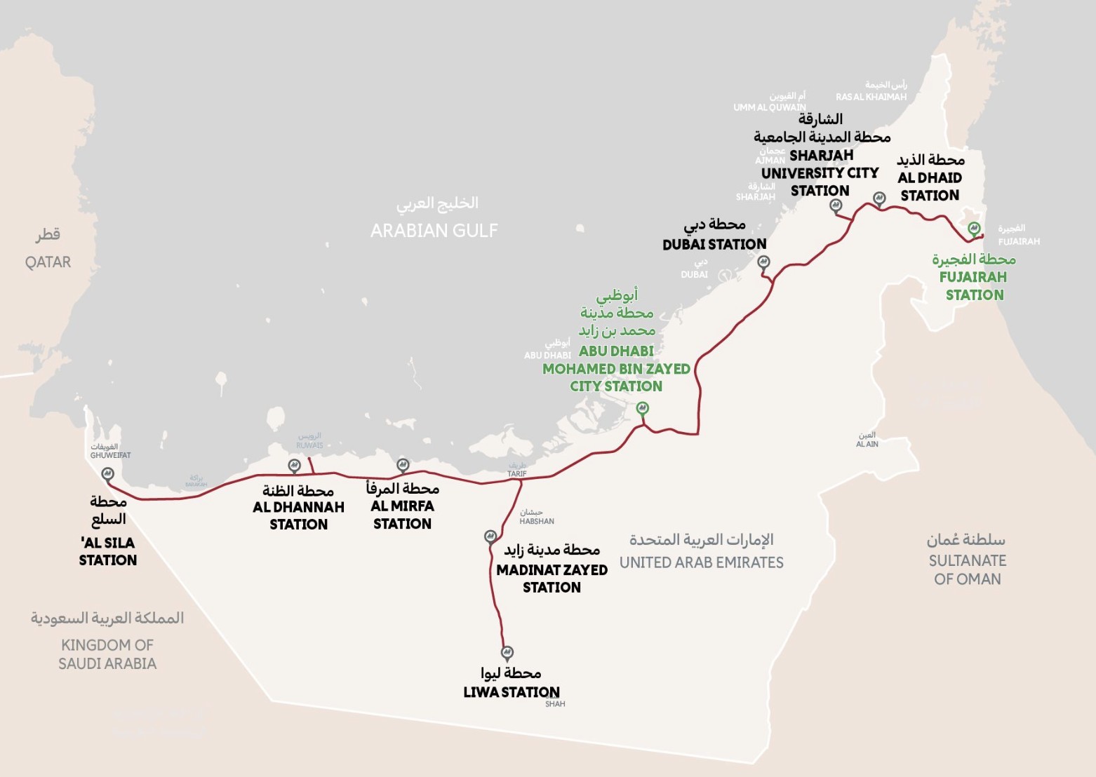 Kaart van het Etihad Rail netwerk in de Verenigde Arabische Emiraten.