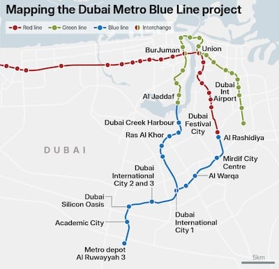 Kaart van het Dubai Metro Blue Line project met de Red, Green en Blue lines en overstapstations.